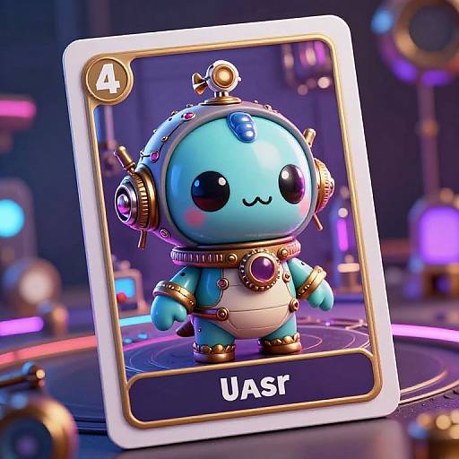 Digital artwork of a cute, blue, chubby robot with a single horn, wearing gold headphones and accessories, inside a glowing card labeled 