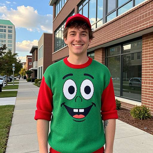 Photograph of a smiling teenage boy in a green and red sweater with a cartoon frog face, standing on a suburban sidewalk in front of a brick building
