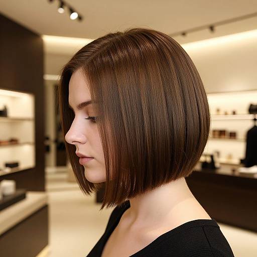Photograph of a young woman with a straight, dark brown bob haircut, wearing a black top, in a modern, brightly lit salon.