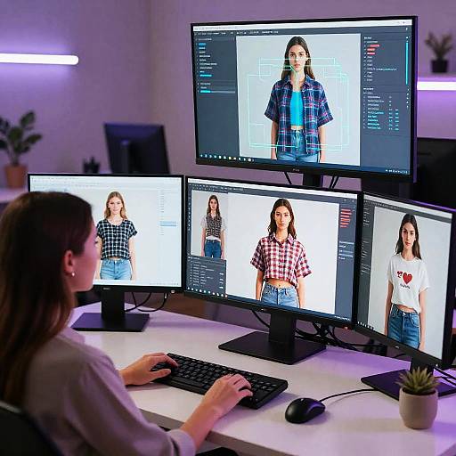 Photograph of a woman with brown hair, seated at a desk, editing photos of a woman in plaid shirts on four computer monitors. Modern office