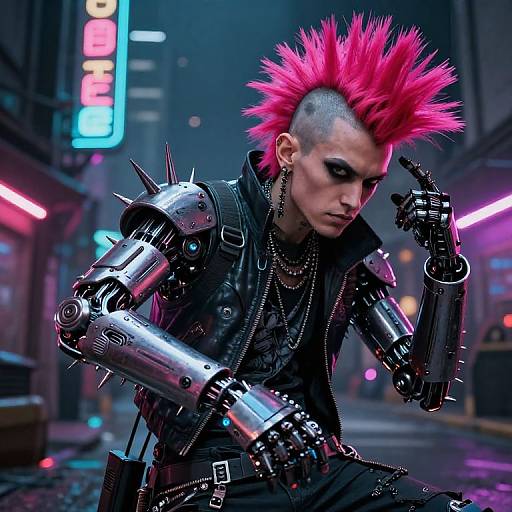 Cyberpunk scene: androgynous person with bright pink mohawk, mechanical arms, black leather, and chains, kneeling in neon-lit