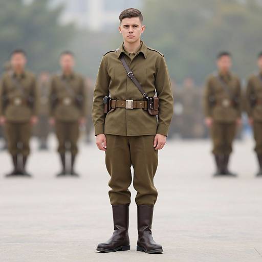Photograph of a young male soldier in olive-green uniform with brown belt, black boots, and strap, standing center in front of blurred background of similarly