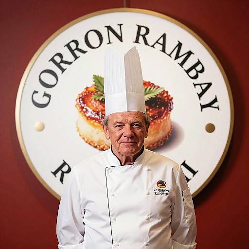 Photograph of elderly male chef in white uniform and tall hat, standing before 