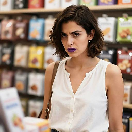 Intense Woman in Bright Store Setting