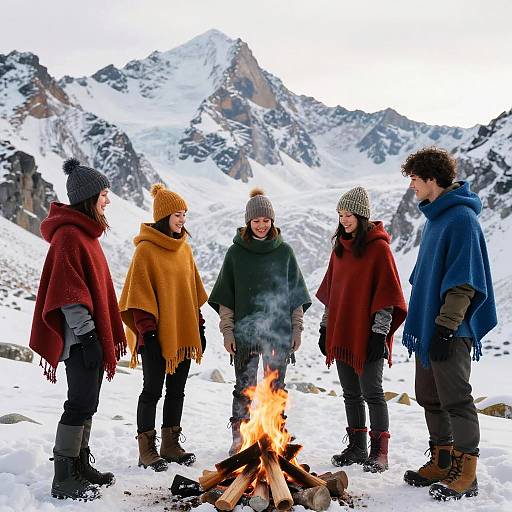 Bright Ponchos in Alpine Winter Scene