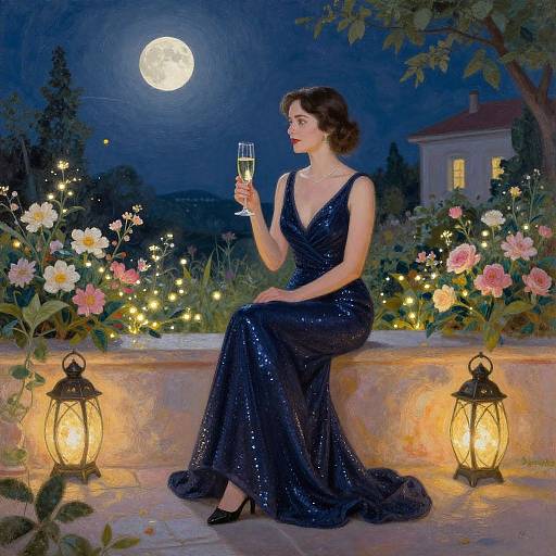 Elegant Woman in Moonlit Garden