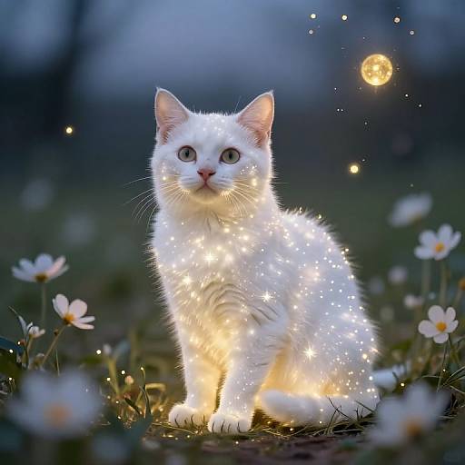 Photograph of a white kitten glowing with sparkles, surrounded by daisies, under a twilight sky with a glowing moon.