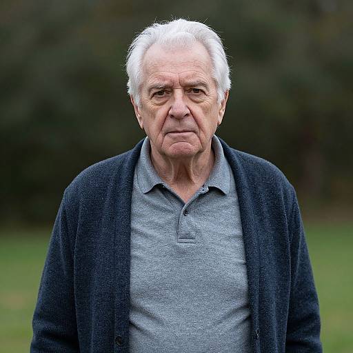 Photograph of an elderly white man with white hair, wearing a gray polo shirt, dark cardigan, and serious expression, standing outdoors with a blurred