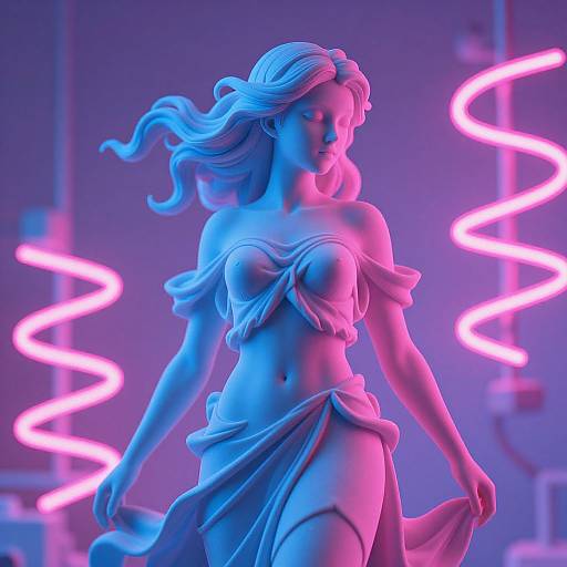 Digital artwork of a blue-lit, classical-style statue of a topless woman with flowing hair and draped cloth, surrounded by neon pink spiral lights.