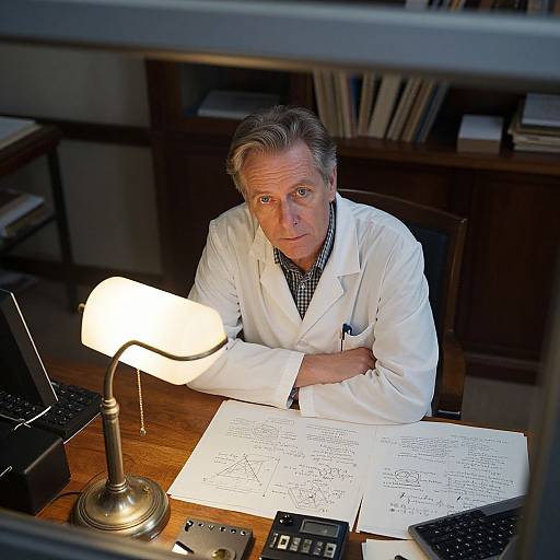 Photograph of middle-aged Caucasian man with gray hair, wearing a white lab coat, sitting at wooden desk with papers, lamp, and computer, in