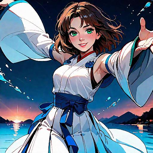 Digital anime-style drawing of a smiling, green-eyed woman in a white kimono with blue sash, arms outstretched, against a vibrant sunset