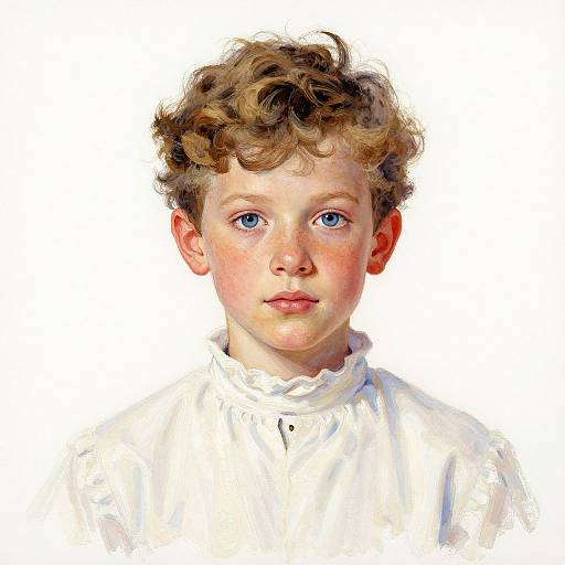 Digital painting of a young boy with curly brown hair, blue eyes, rosy cheeks, wearing a white high-collared shirt, against a white