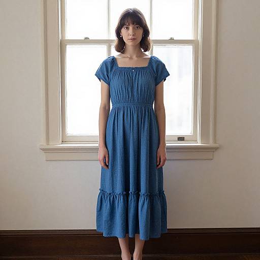Photograph of a young woman with short brown hair, wearing a blue, short-sleeved, knee-length dress, standing in front of a bright