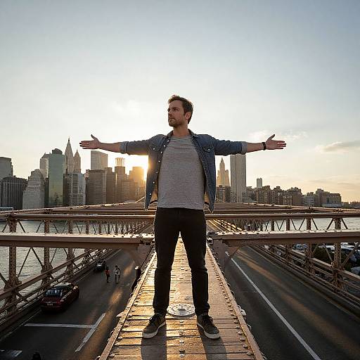 Photograph of a man with short dark hair, gray shirt, black jeans, and sneakers, standing with arms outstretched on a bridge, city
