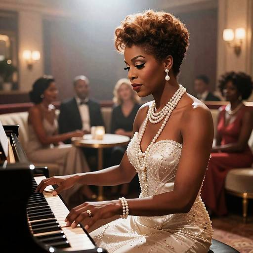 Photograph of a stylish Black woman with short, curly hair, wearing a sparkling white dress and pearl jewelry, playing piano in an elegant, warmly lit