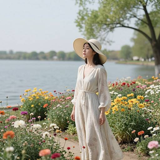 Photograph of an Asian woman in a white, floral dress and wide-brimmed hat, standing in a vibrant flower garden beside a calm lake.