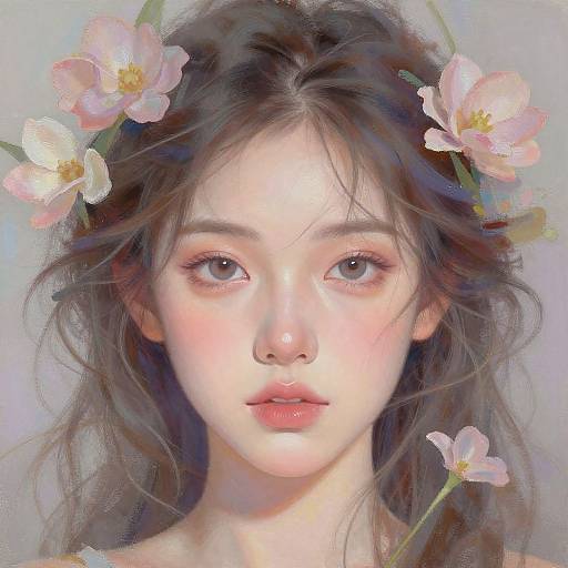 Digital portrait of a young, fair-skinned woman with soft, pink lips, light brown eyes, and wavy brown hair adorned with pink flowers,