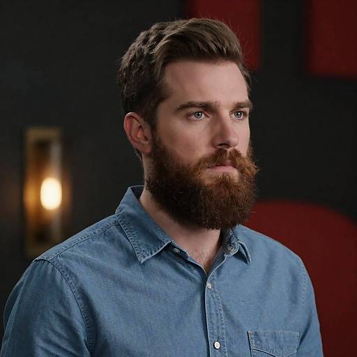 Serious Bearded Man in Denim Shirt