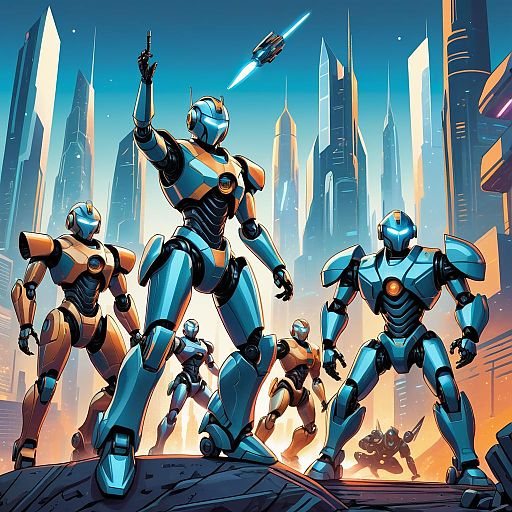 Playful Robots in Futuristic Cityscape Playful Robots in Futuristic Cityscape