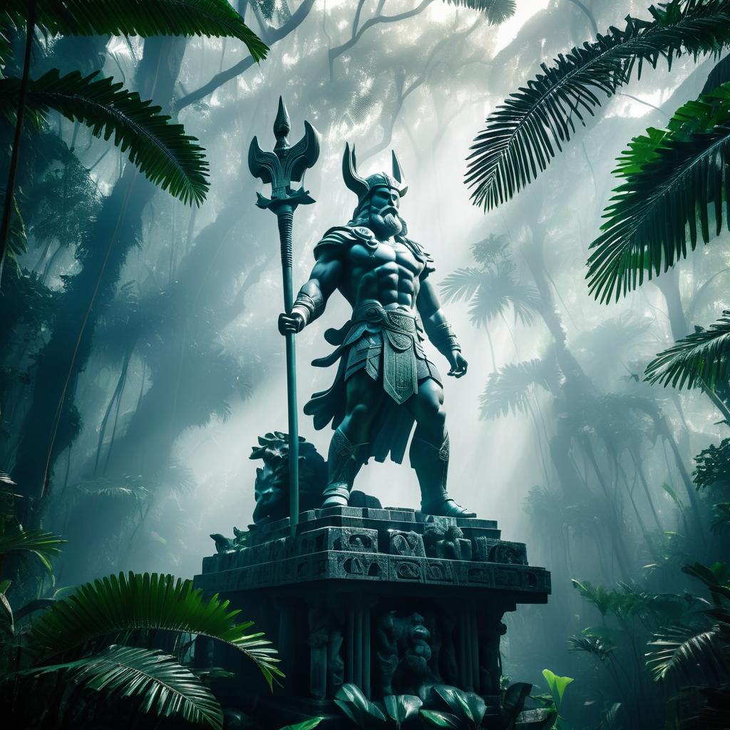 Ancient Thor Statue in Misty Jungle