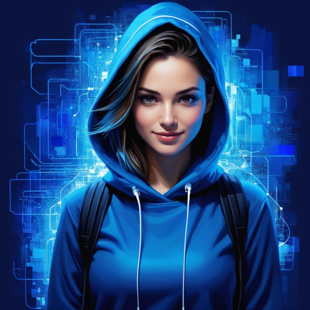 Cheerful Hacker in Vibrant Digital Landscape