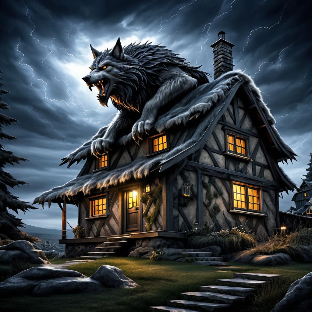 Epic Werewolf Illustration with Cottage