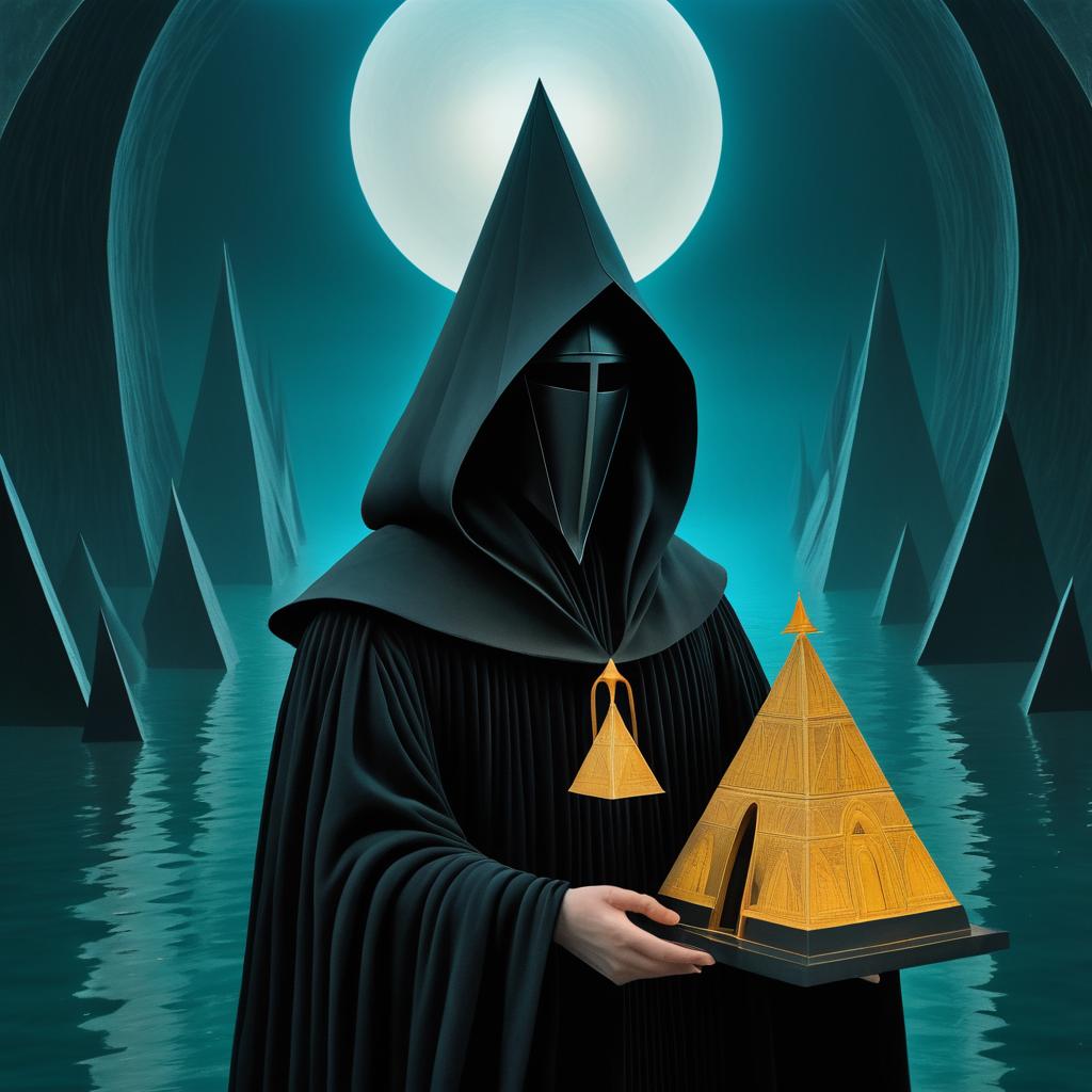 Hooded Figure with Pyramid in Underworld