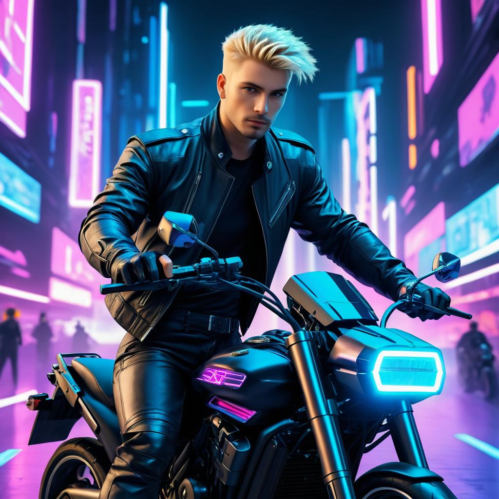 Cyberpunk Motorcycle Rider: Handsome Blonde Man