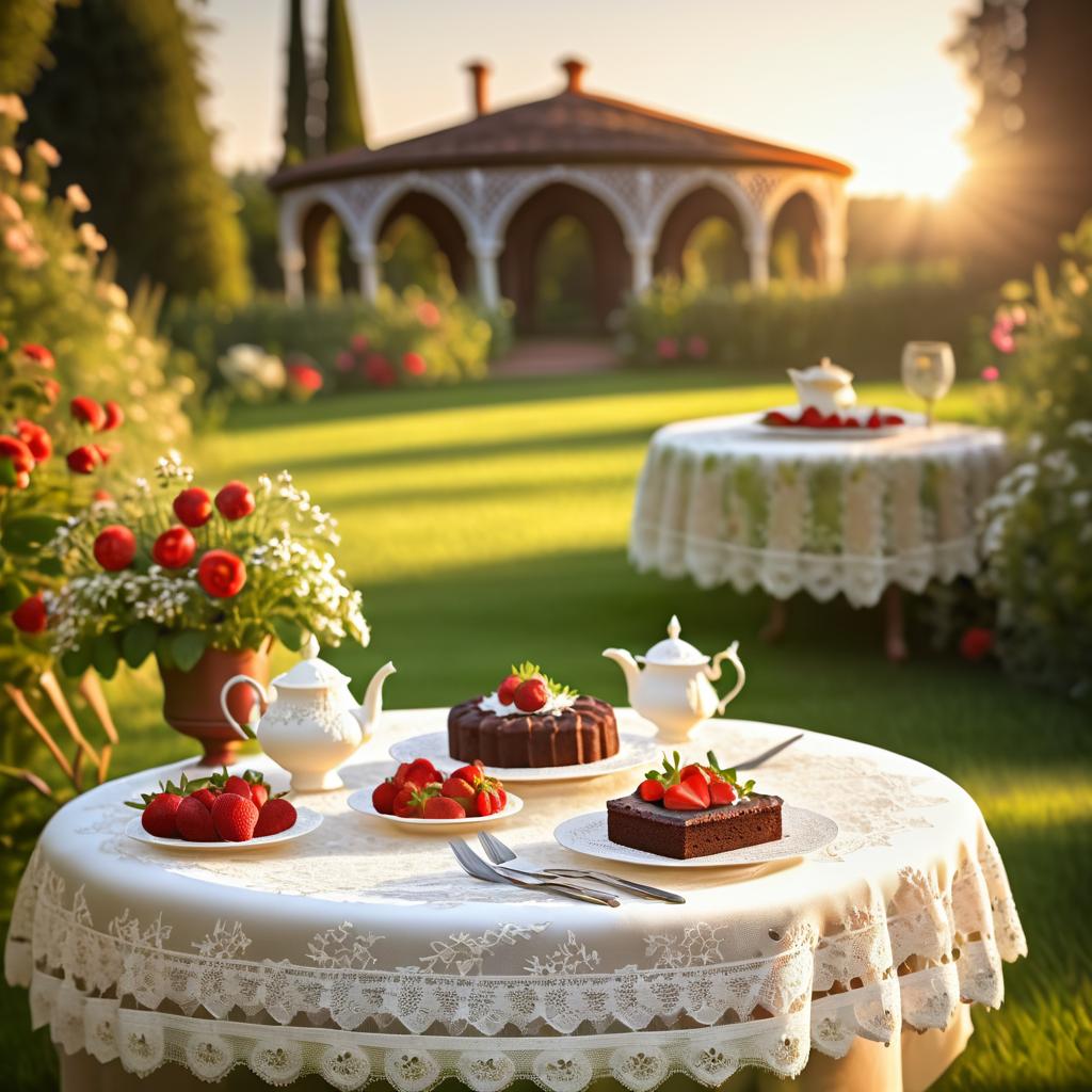 Elegant Garden Setting with Chocolate Cake