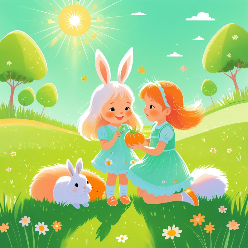 Bunny and Girl Enjoying Carrots Together