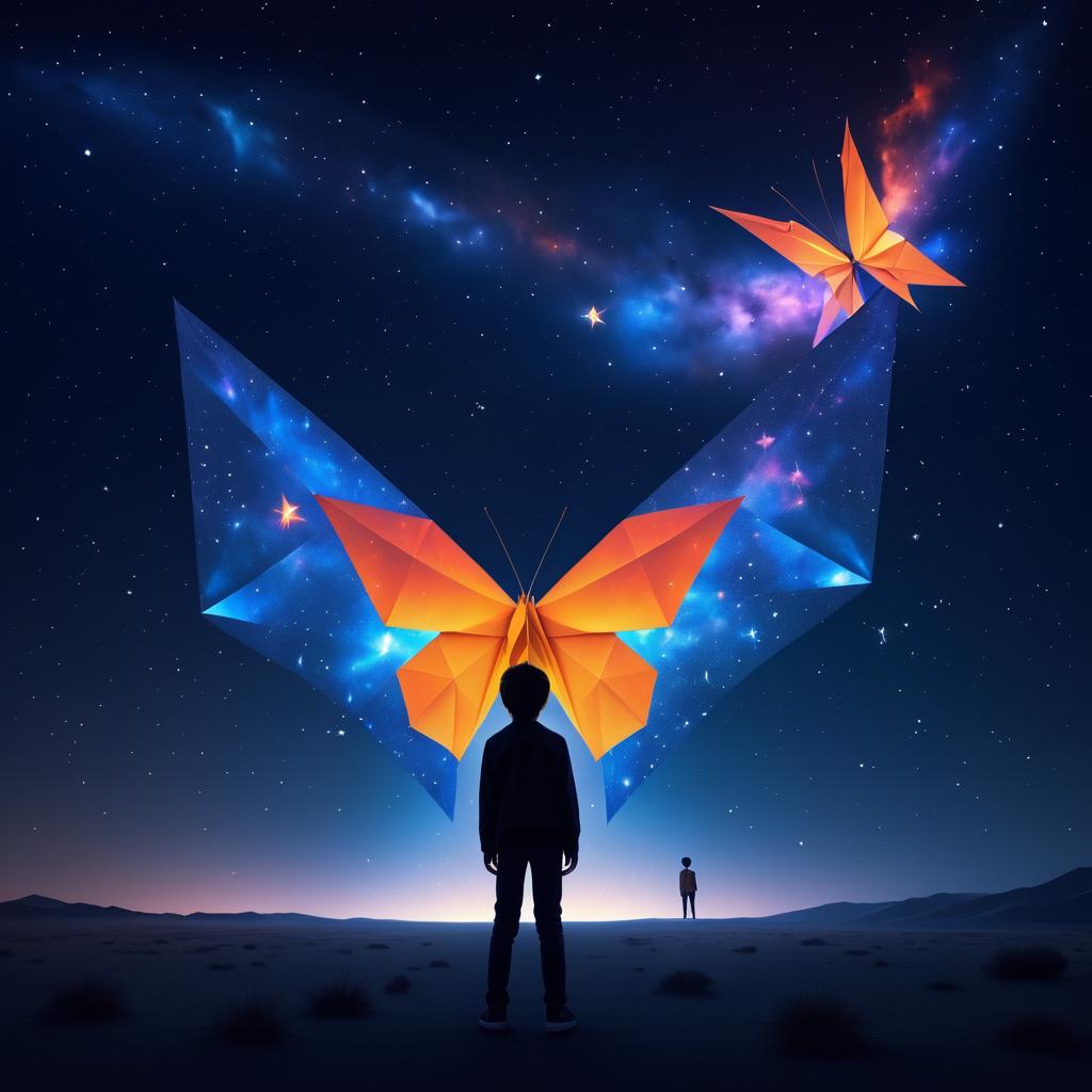 Boy with Origami Butterfly in Space