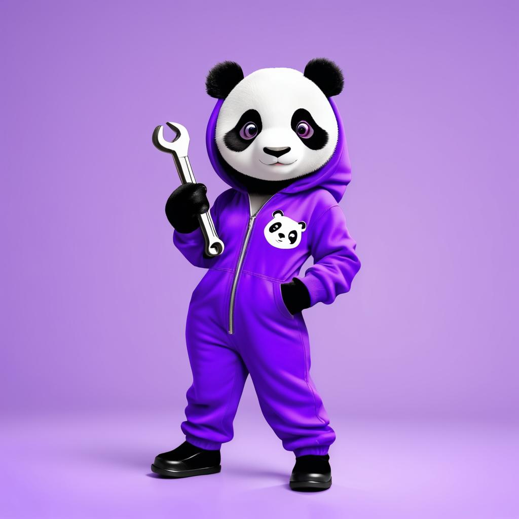 Adorable Panda Mechanic in Purple Jumpsuit