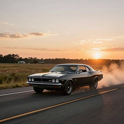 Photograph of a black classic muscle car speeding on a rural road at sunset, with smoke trailing from the rear tires.