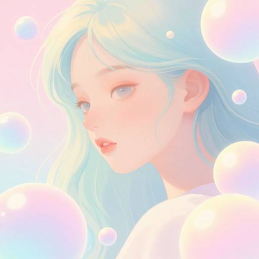 Digital anime-style portrait of a pale-skinned woman with long, flowing blue hair, soft pastel background, and large white bubbles.