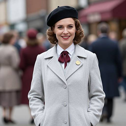 Photograph of a smiling woman with short brown hair, wearing a black beret, light gray coat, maroon bow tie, and gold pin,