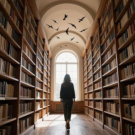 Photograph of a person with curly hair walking down a sunlit library aisle, flanked by tall wooden bookshelves, with silhouetted