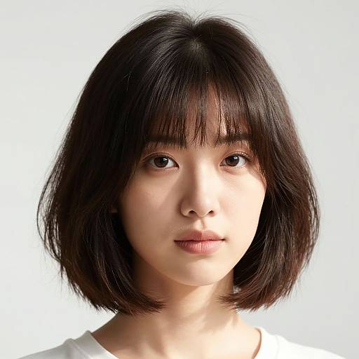 Photograph of an Asian woman with straight, shoulder-length black hair, bangs, and neutral expression against a plain white background.