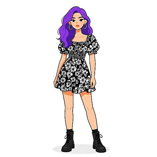 Digital drawing of a confident woman with purple hair, wearing a black and white floral off-shoulder dress, black boots, and large hoop earrings,