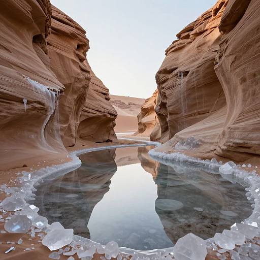Photograph of a narrow, red-rock canyon with a small, reflective water pool surrounded by ice chunks, under a bright sky.