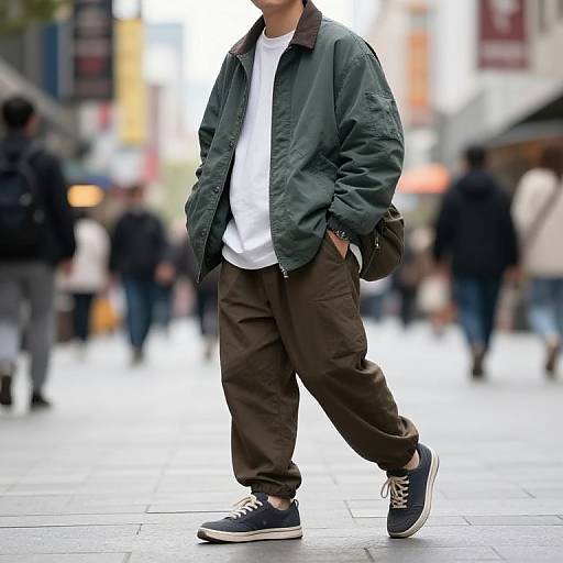 Photograph of a young man walking in an urban street, wearing a green bomber jacket, white t-shirt, brown pants, black sneakers, and a
