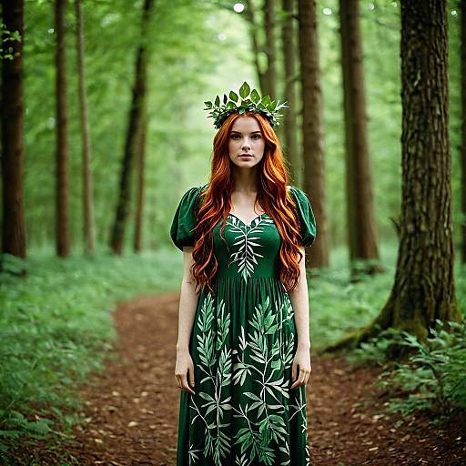 Red Haired Woman in Leafy Green Dress in Forest