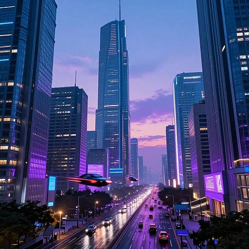 Photograph of a vibrant, neon-lit cityscape at dusk, featuring towering skyscrapers with purple and blue lights, busy street with reflections,