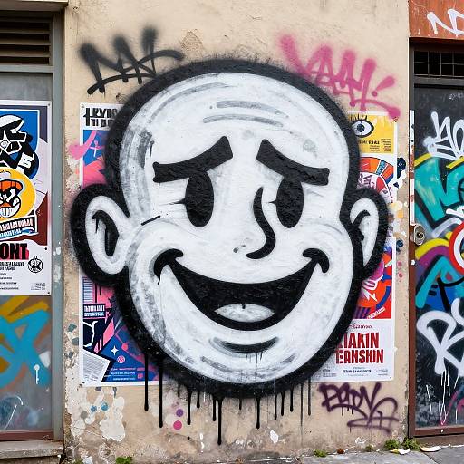Graffiti of a white, smiling face with black eyebrows and mouth, surrounded by colorful posters and tags, on a weathered wall.