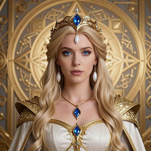 Digital art of a blonde, blue-eyed queen with a golden crown, white dress, and blue gem necklace, against an ornate golden background.