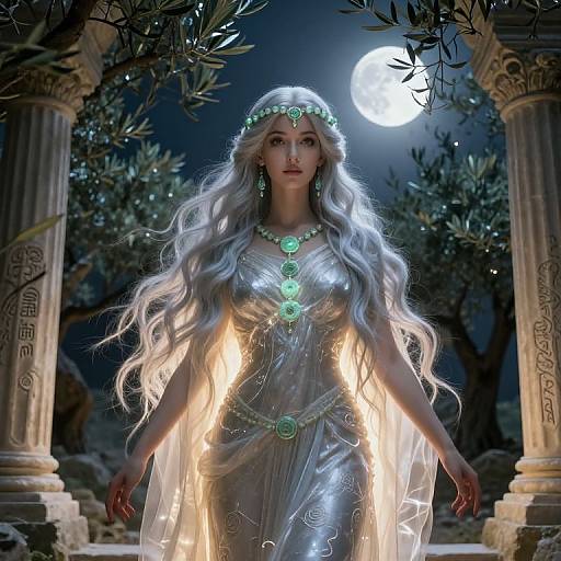 Digital artwork of a silver-haired, moonlit, ethereal woman with glowing green jewelry, wearing a shimmering silver dress, standing between ancient columns under