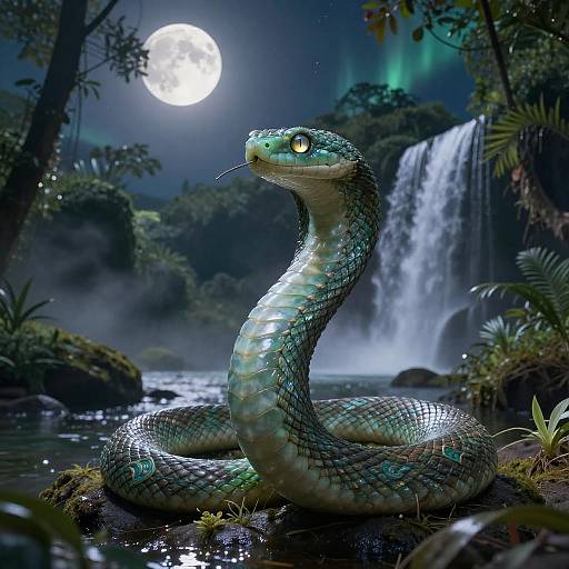 Photorealistic digital artwork of a green, glowing snake with shimmering scales, coiled by a moonlit waterfall in a dense, misty forest