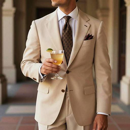 Photograph of a man in a beige suit, white shirt, black tie, holding a cocktail with a lime wedge, standing in a sunlit,
