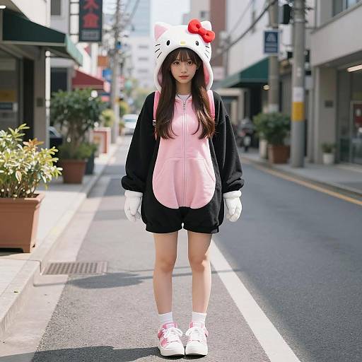 Young Woman in Hello Kitty Onesie on Urban Street