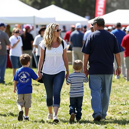 Photograph of a blonde woman in a white top, jeans, and sunglasses holding hands with a man in a black shirt and cap, and two children