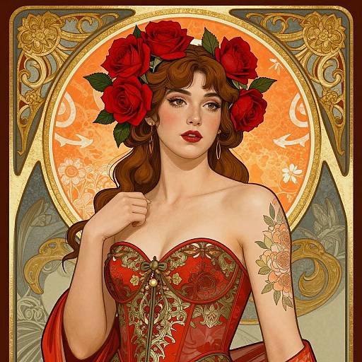 Digital art of a fair-skinned woman with red roses in her wavy brown hair, wearing an ornate red corset with floral tattoos, set